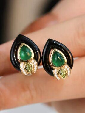 Malachite Studs Green Stone Round Gold Stud Earrings Vintage Fine 925 Silver
